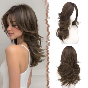 FESHFEN Wavy Layered Wig with Curtain Bangs for Women, 20 Inch Dirty Blonde Long Synthetic Natural Looking Middle Part Hair Wig For Costume Party Daily Use(Brown with Highlights)
