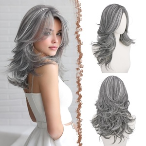 FESHFEN Wavy Layered Wig with Curtain Bangs for Women, 20 Inch Dirty Blonde Long Synthetic Natural Looking Middle Part Hair Wig For Costume Party Daily Use(288# Grey)