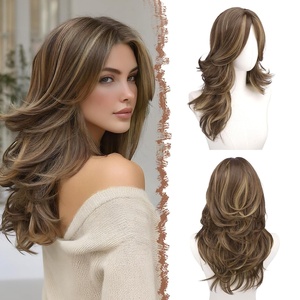 FESHFEN Wavy Layered Wig with Curtain Bangs for Women, 20 Inch Dirty Blonde Long Synthetic Natural Looking Middle Part Hair Wig For Costume Party Daily Use(Brown Mixed Blonde)