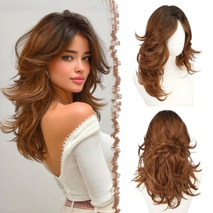 FESHFEN Wavy Layered Wig with Curtain Bangs for Women, 20 Inch Dirty Blonde Long Synthetic Natural Looking Middle Part Hair Wig For Costume Party Daily Use(Ombre Auburn)