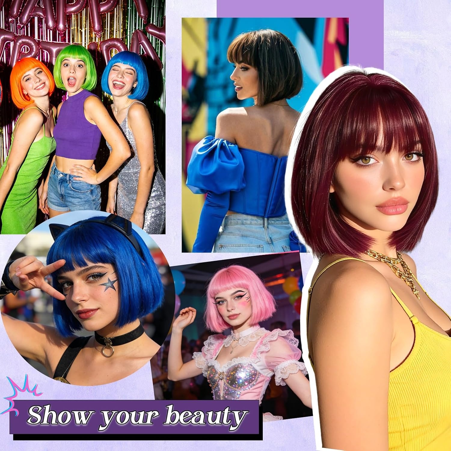 image:imageFESHFEN Short Bob Wigs with Flat Bangs Straight Hair Synthetic Colorful Cosplay Daily Costume Party Fashion Modern Neon Wig for Women 11 inch BlondePinkLight Blue