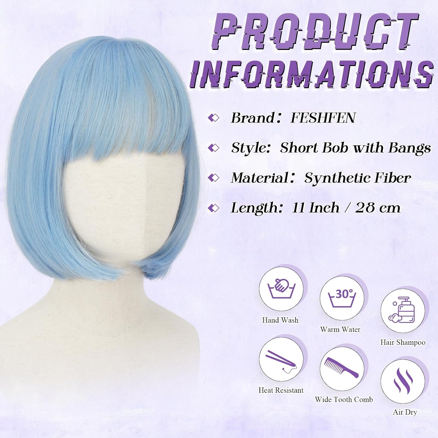 image:imageFESHFEN Short Bob Wigs with Flat Bangs Straight Hair Synthetic Colorful Cosplay Daily Costume Party Fashion Modern Neon Wig for Women 11 inch BlondePinkLight Blue
