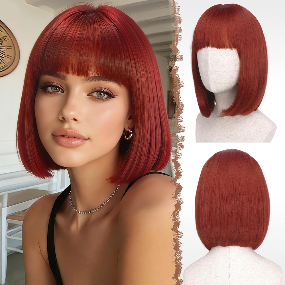 image:imageFESHFEN Short Bob Wigs with Flat Bangs Straight Hair Synthetic Colorful Cosplay Daily Costume Party Fashion Modern Neon Wig for Women 11 inch BlondePinkCopper Red