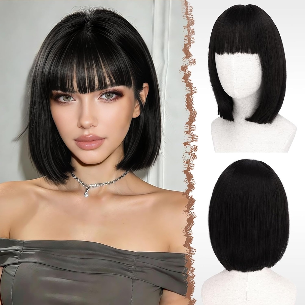 image:imageFESHFEN Short Bob Wigs with Flat Bangs Straight Hair Synthetic Colorful Cosplay Daily Costume Party Fashion Modern Neon Wig for Women 11 inch BlondePinkBlack