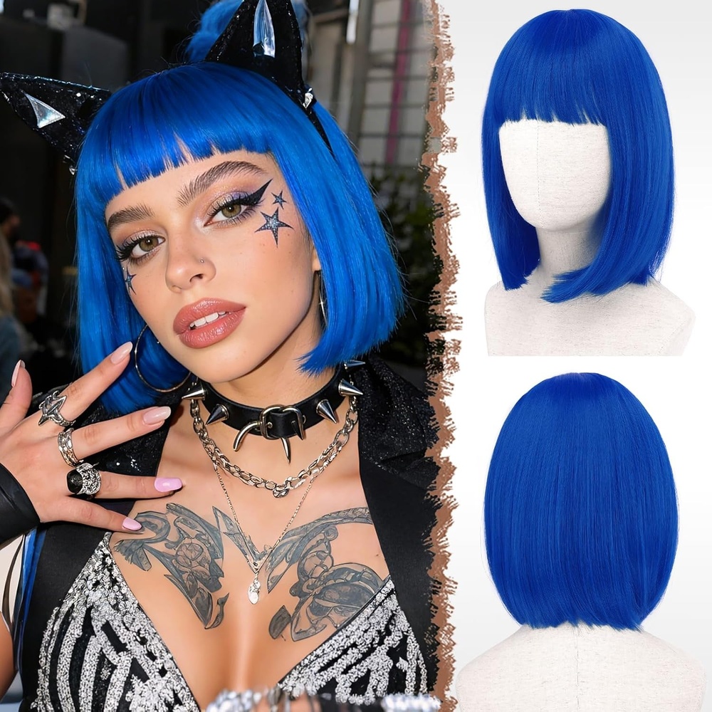 image:imageFESHFEN Short Bob Wigs with Flat Bangs Straight Hair Synthetic Colorful Cosplay Daily Costume Party Fashion Modern Neon Wig for Women 11 inch BlondePinkDark Blue