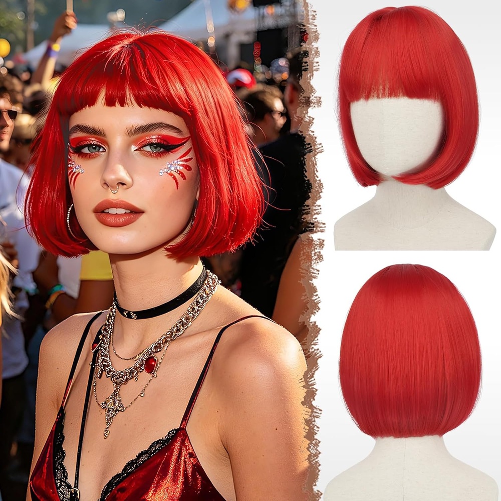 image:imageFESHFEN Short Bob Wigs with Flat Bangs Straight Hair Synthetic Colorful Cosplay Daily Costume Party Fashion Modern Neon Wig for Women 11 inch BlondePinkRed