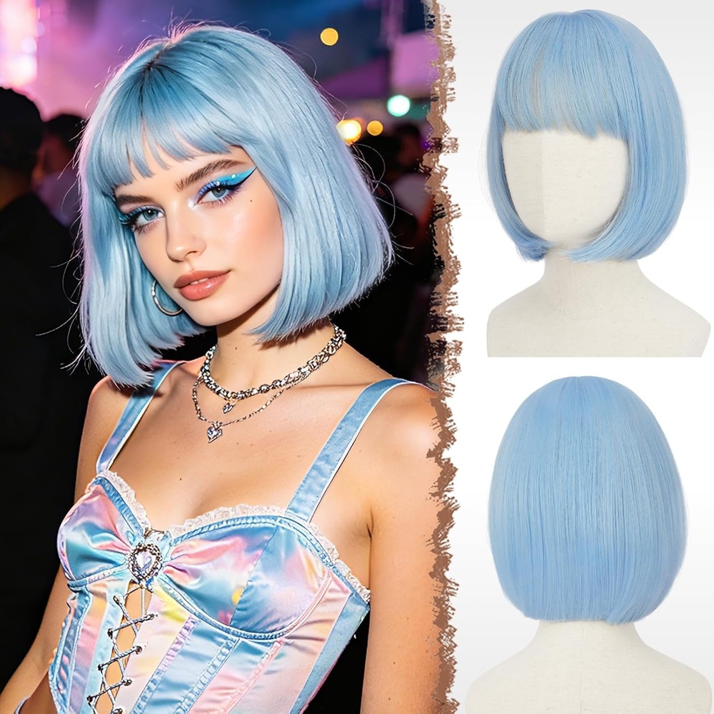 image:imageFESHFEN Short Bob Wigs with Flat Bangs Straight Hair Synthetic Colorful Cosplay Daily Costume Party Fashion Modern Neon Wig for Women 11 inch BlondePinkLight Blue