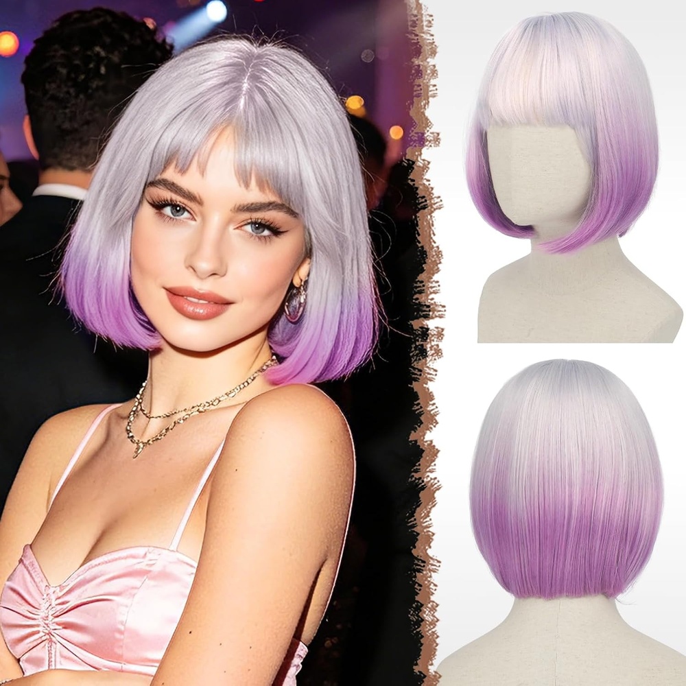 image:imageFESHFEN Short Bob Wigs with Flat Bangs Straight Hair Synthetic Colorful Cosplay Daily Costume Party Fashion Modern Neon Wig for Women 11 inch BlondePinkOmbre Purple