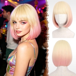 FESHFEN Short Bob Wigs with Flat Bangs, Straight Hair Synthetic Colorful Cosplay Daily Costume Party Fashion Modern Neon Wig for Women 11 inch, Blonde-Pink(Blonde-Pink)