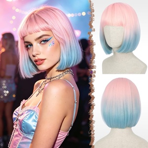 FESHFEN Short Bob Wigs with Flat Bangs, Straight Hair Synthetic Colorful Cosplay Daily Costume Party Fashion Modern Neon Wig for Women 11 inch, Blonde-Pink(Pastel Pink to Mint Blue)
