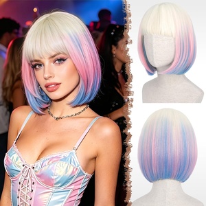 FESHFEN Short Bob Wigs with Flat Bangs, Straight Hair Synthetic Colorful Cosplay Daily Costume Party Fashion Modern Neon Wig for Women 11 inch, Blonde-Pink(Rainbow)