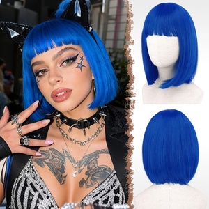 FESHFEN Short Bob Wigs with Flat Bangs, Straight Hair Synthetic Colorful Cosplay Daily Costume Party Fashion Modern Neon Wig for Women 11 inch, Blonde-Pink(Dark Blue)