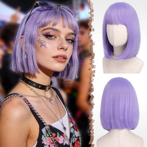 FESHFEN Short Bob Wigs with Flat Bangs, Straight Hair Synthetic Colorful Cosplay Daily Costume Party Fashion Modern Neon Wig for Women 11 inch, Blonde-Pink(Light Purple)