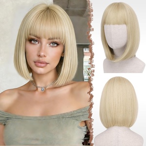 FESHFEN Short Bob Wigs with Flat Bangs, Straight Hair Synthetic Colorful Cosplay Daily Costume Party Fashion Modern Neon Wig for Women 11 inch, Blonde-Pink(Light Blonde)