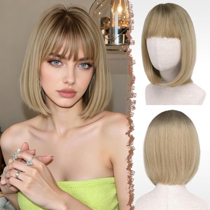 FESHFEN Short Bob Wigs with Flat Bangs, Straight Hair Synthetic Colorful Cosplay Daily Costume Party Fashion Modern Neon Wig for Women 11 inch, Blonde-Pink(Ombre Blonde)