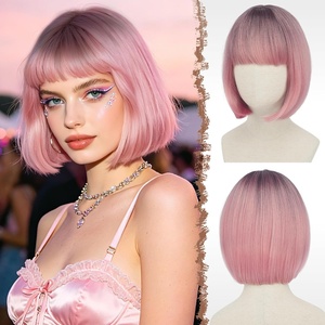 FESHFEN Short Bob Wigs with Flat Bangs, Straight Hair Synthetic Colorful Cosplay Daily Costume Party Fashion Modern Neon Wig for Women 11 inch, Blonde-Pink(Ombre Pink)