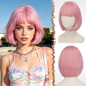 FESHFEN Short Bob Wigs with Flat Bangs, Straight Hair Synthetic Colorful Cosplay Daily Costume Party Fashion Modern Neon Wig for Women 11 inch, Blonde-Pink(Pink)