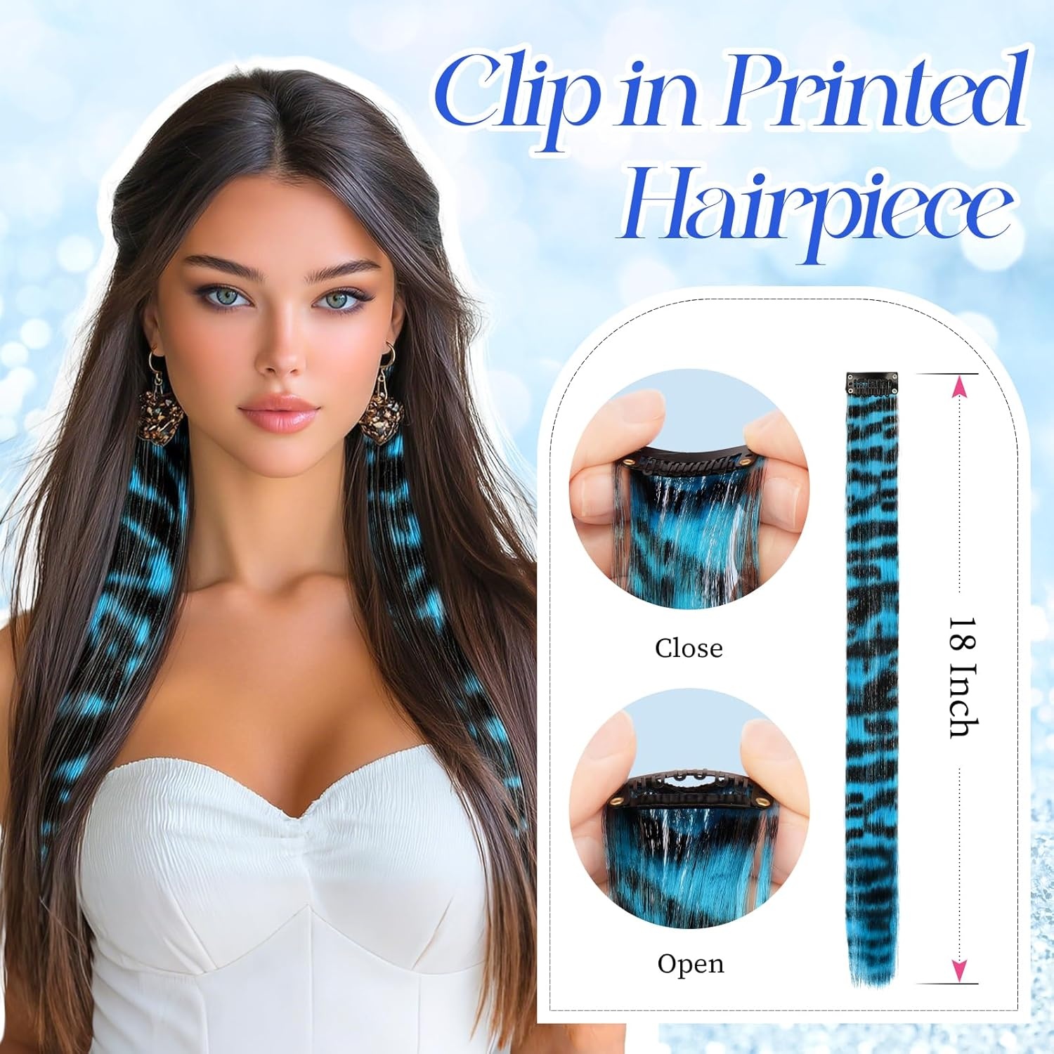 image:imageFESHFEN Leopard Printed Clip in Hair Extensions 6PCS Red Long Synthetic Straight Clip in Hair Extensions Stripe Printed Hairpiece Colorful Accessories for Women 18 InchBlue 6 PCS