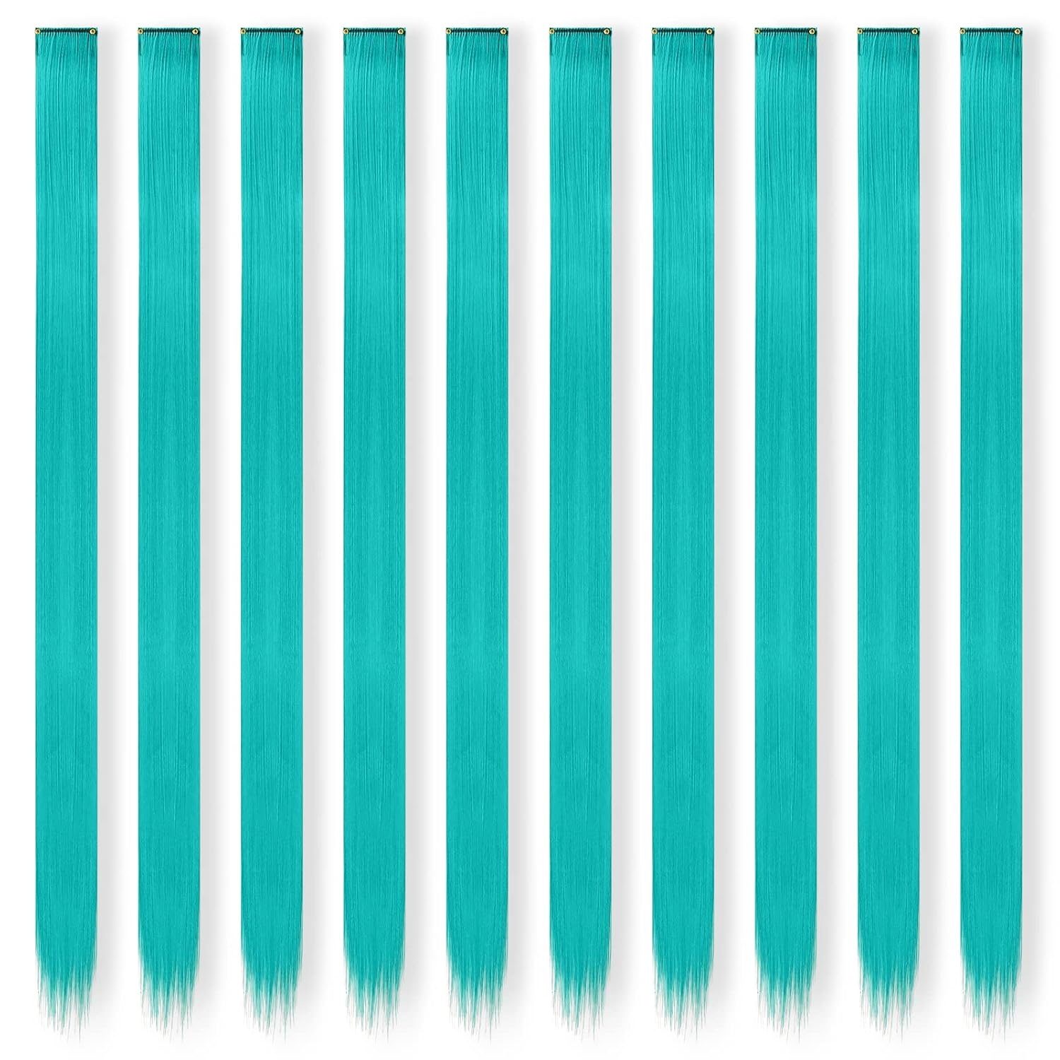 image:imageFESHFEN Leopard Printed Clip in Hair Extensions 6PCS Red Long Synthetic Straight Clip in Hair Extensions Stripe Printed Hairpiece Colorful Accessories for Women 18 InchTeal Blue 10 PCS