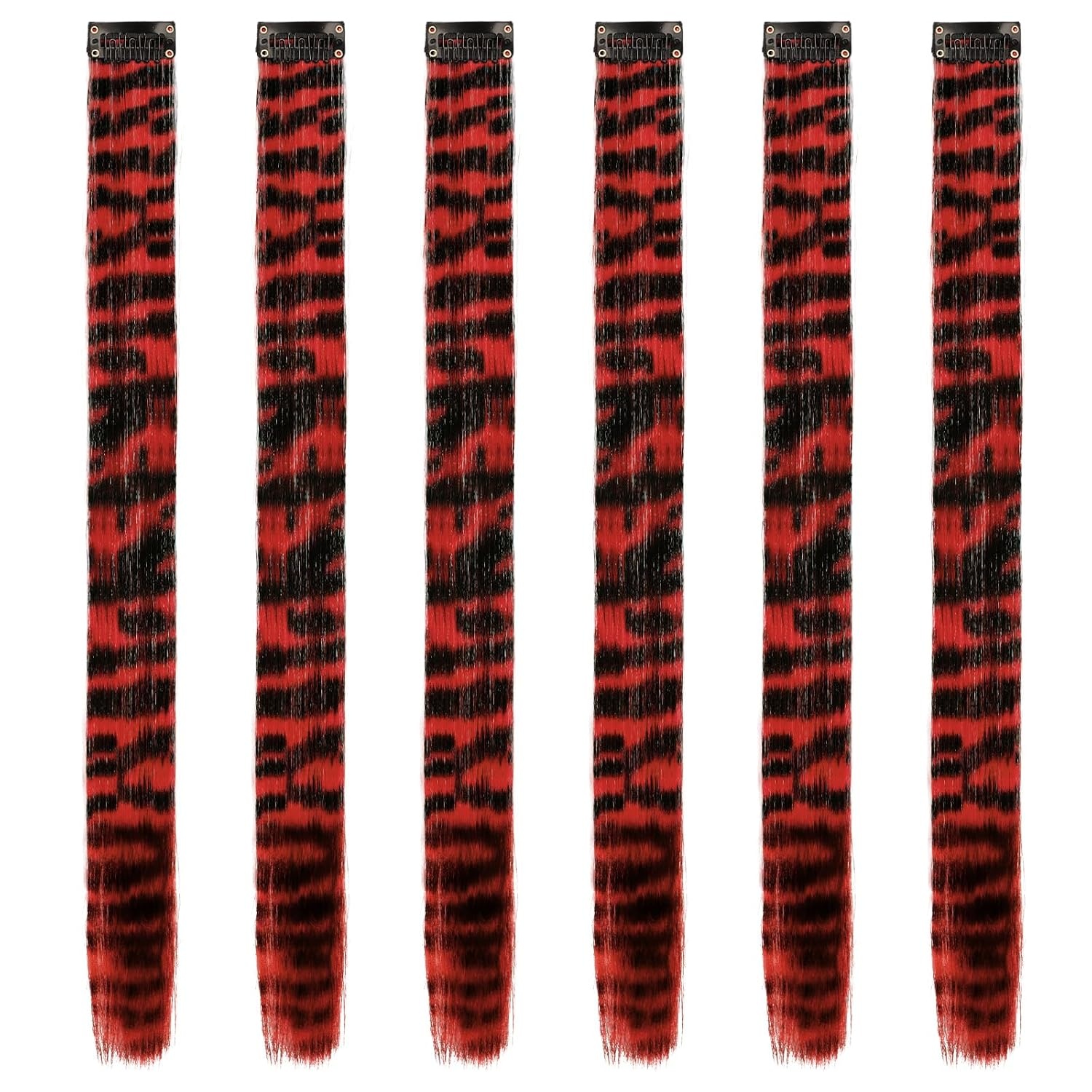 image:imageFESHFEN Leopard Printed Clip in Hair Extensions 6PCS Red Long Synthetic Straight Clip in Hair Extensions Stripe Printed Hairpiece Colorful Accessories for Women 18 InchRed 6 PCS
