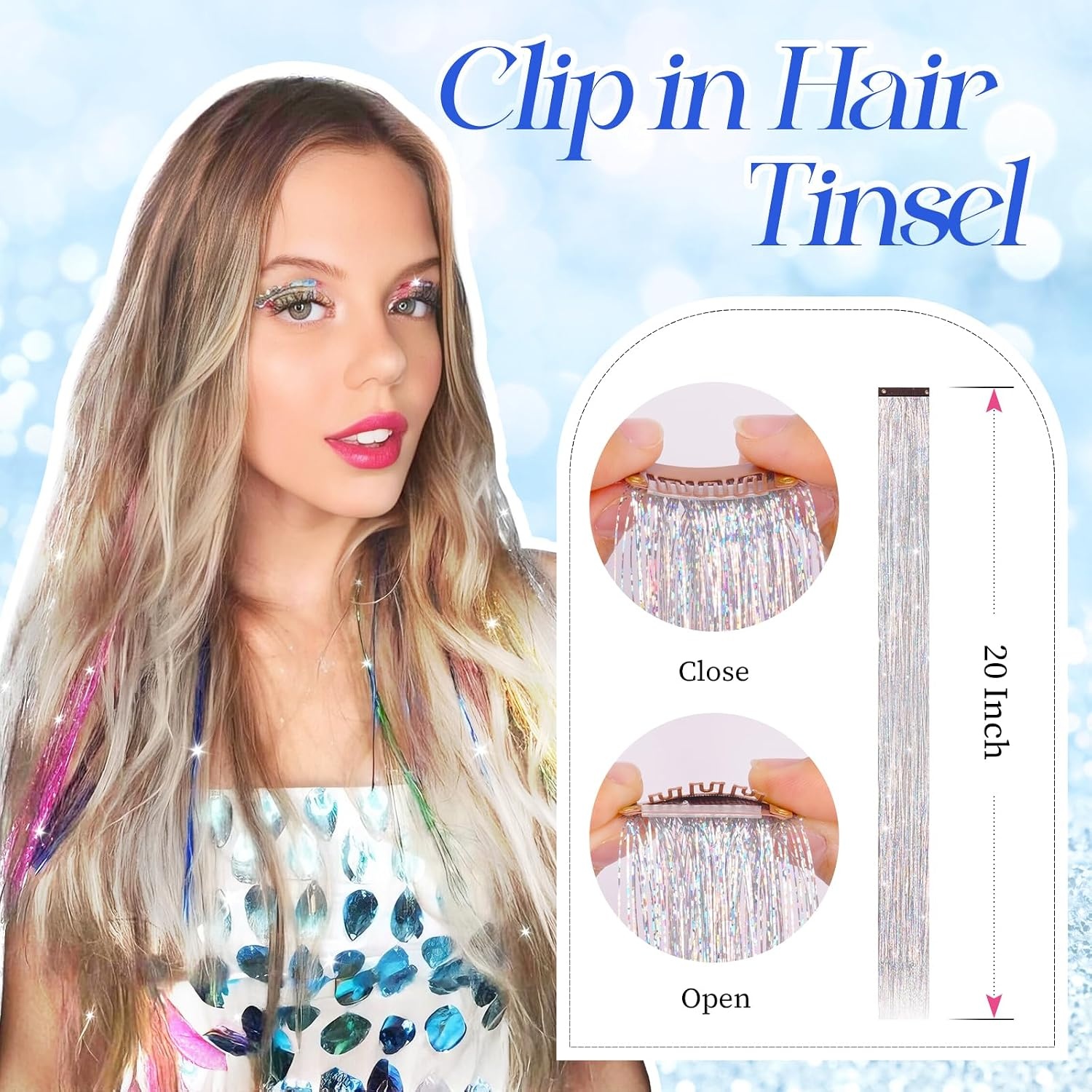 image:imageFESHFEN Leopard Printed Clip in Hair Extensions 6PCS Red Long Synthetic Straight Clip in Hair Extensions Stripe Printed Hairpiece Colorful Accessories for Women 18 InchSilver 12 PCS
