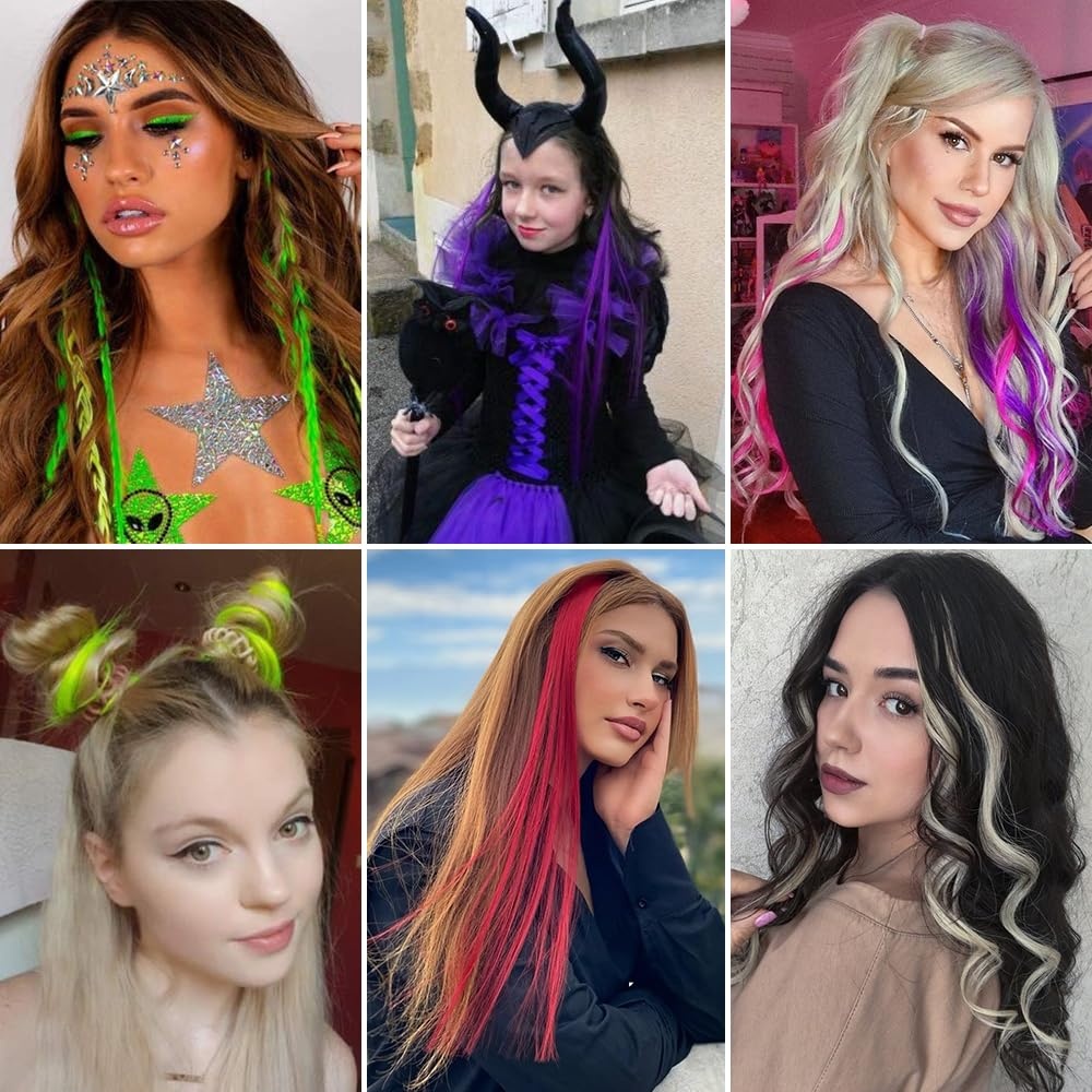 image:imageFESHFEN Leopard Printed Clip in Hair Extensions 6PCS Red Long Synthetic Straight Clip in Hair Extensions Stripe Printed Hairpiece Colorful Accessories for Women 18 InchDark Purple 10 PCS