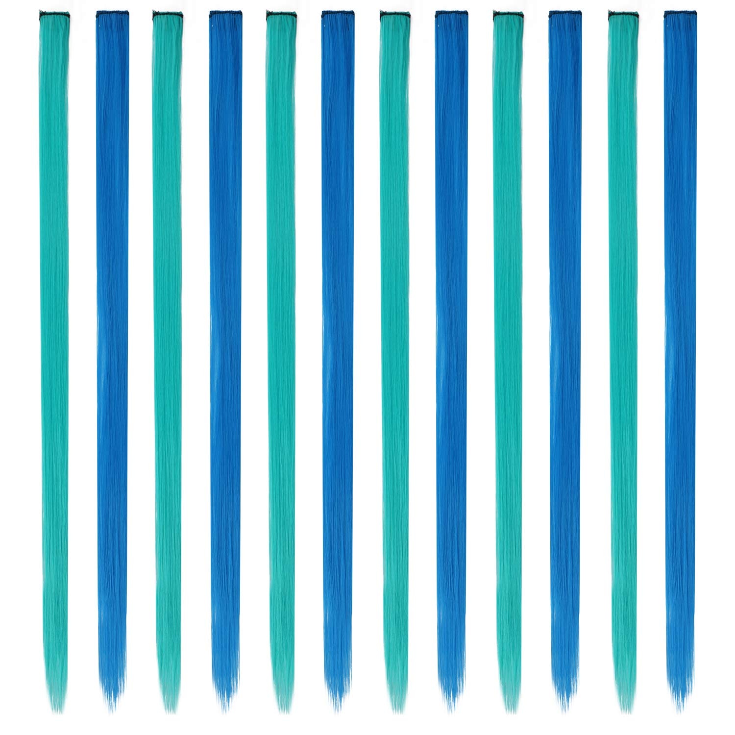 image:imageFESHFEN Leopard Printed Clip in Hair Extensions 6PCS Red Long Synthetic Straight Clip in Hair Extensions Stripe Printed Hairpiece Colorful Accessories for Women 18 InchTeal Blue 12 PCS