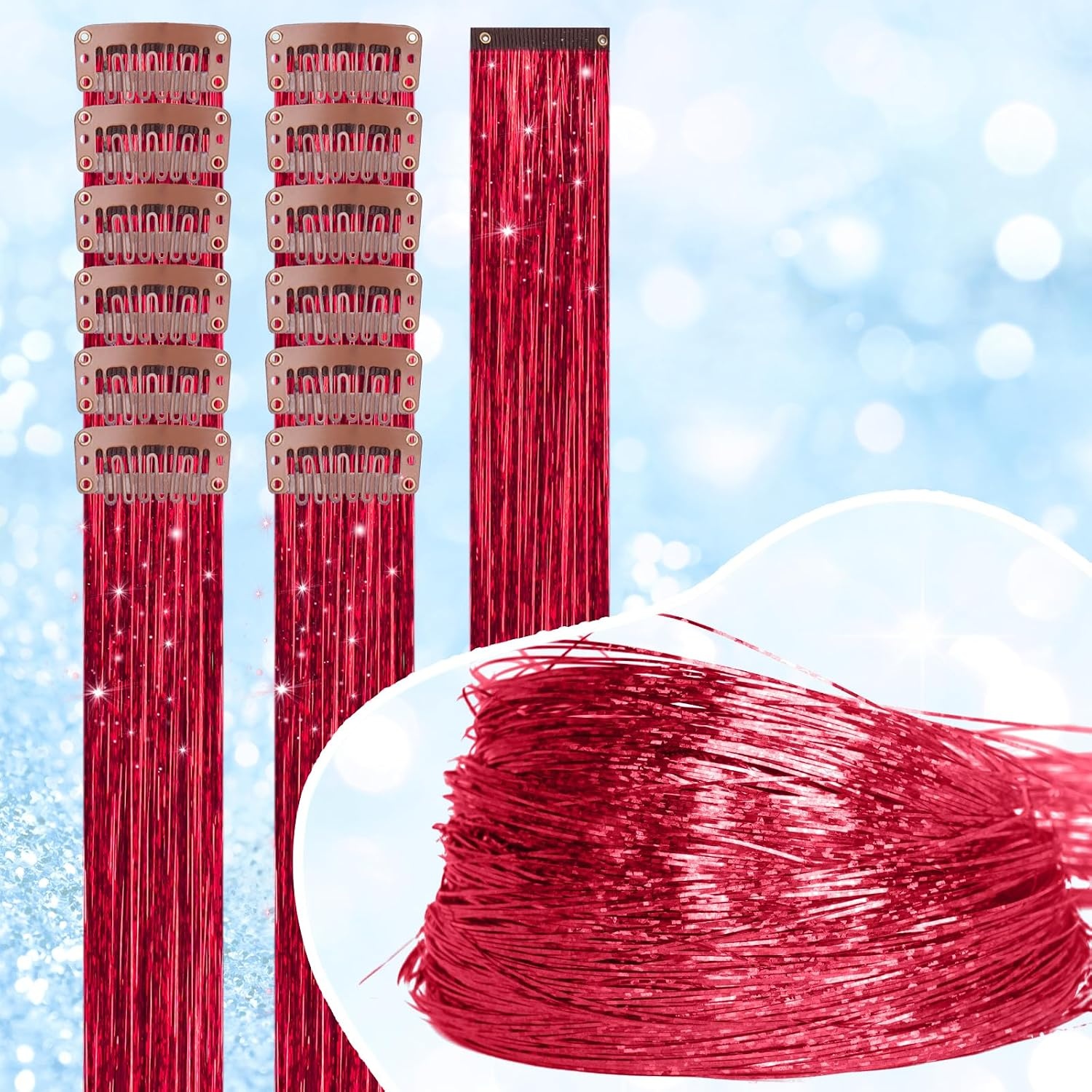 image:imageFESHFEN Leopard Printed Clip in Hair Extensions 6PCS Red Long Synthetic Straight Clip in Hair Extensions Stripe Printed Hairpiece Colorful Accessories for Women 18 InchRed 12 PCS