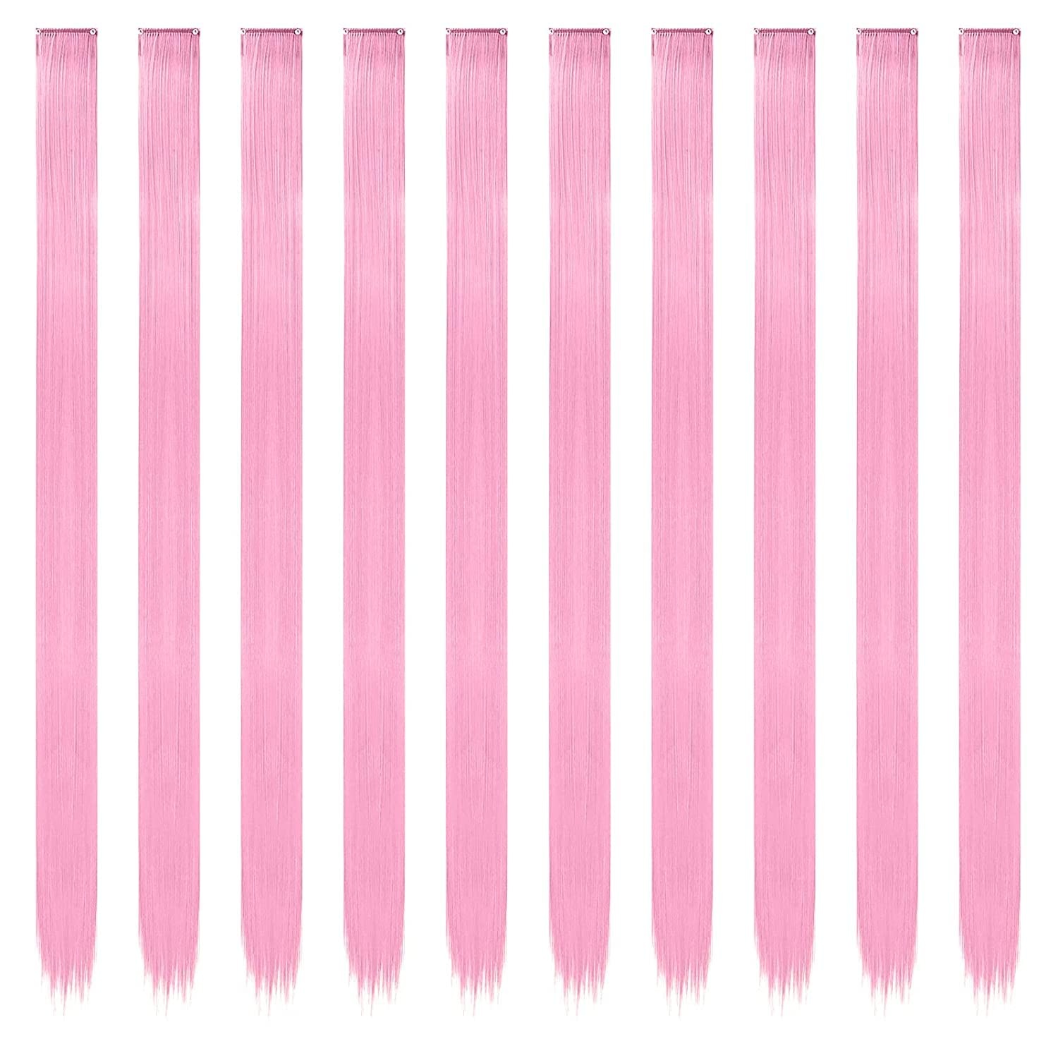 image:imageFESHFEN Leopard Printed Clip in Hair Extensions 6PCS Red Long Synthetic Straight Clip in Hair Extensions Stripe Printed Hairpiece Colorful Accessories for Women 18 InchLight Pink 10 PCS