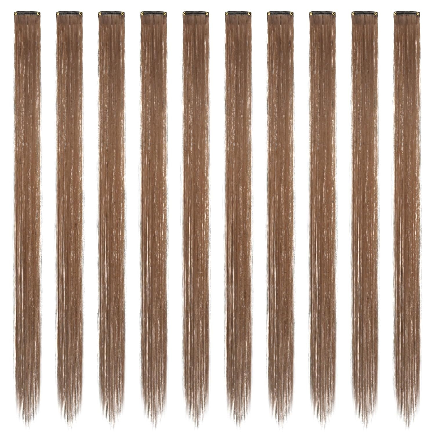 image:imageFESHFEN Leopard Printed Clip in Hair Extensions 6PCS Red Long Synthetic Straight Clip in Hair Extensions Stripe Printed Hairpiece Colorful Accessories for Women 18 InchLight Brown 10 PCS