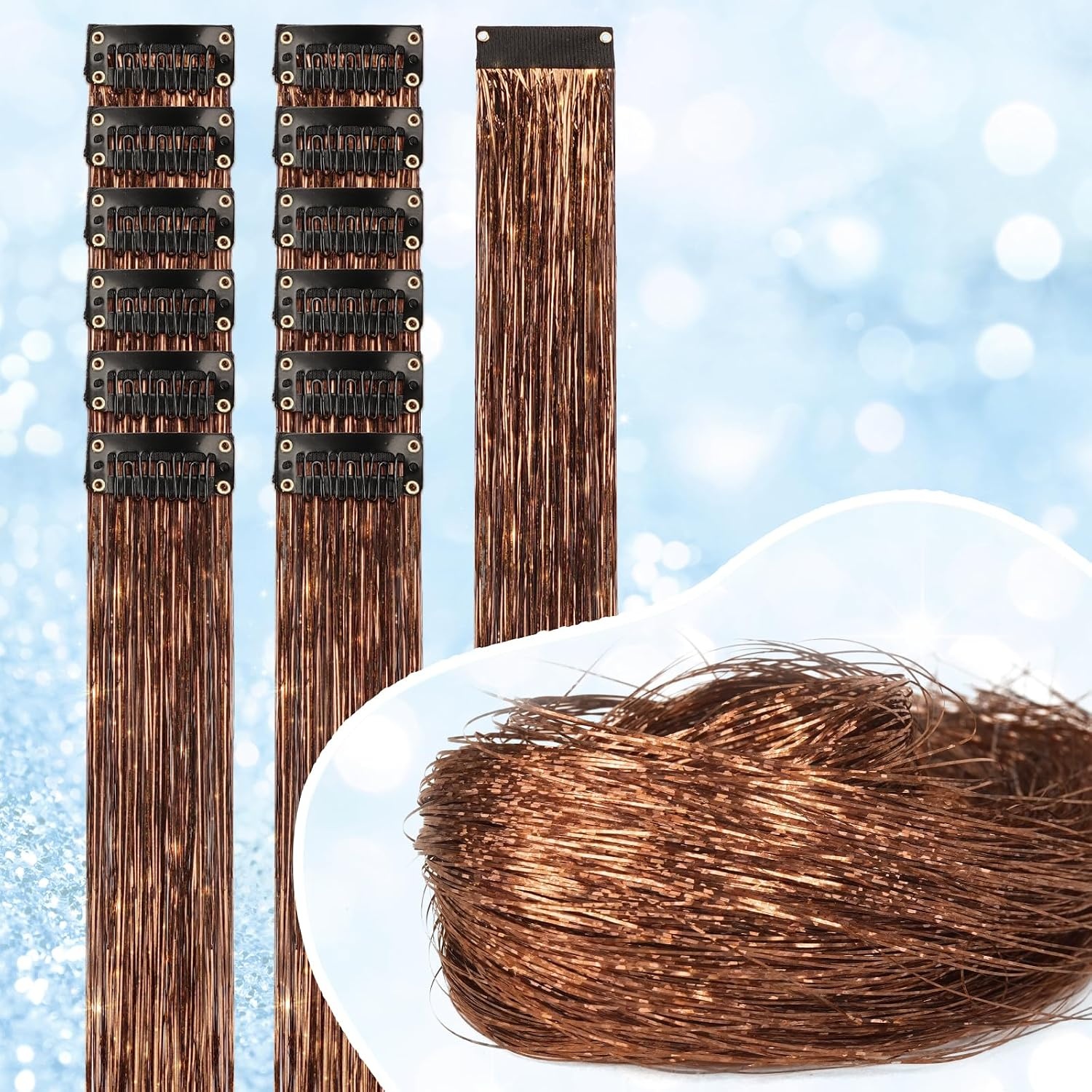 image:imageFESHFEN Leopard Printed Clip in Hair Extensions 6PCS Red Long Synthetic Straight Clip in Hair Extensions Stripe Printed Hairpiece Colorful Accessories for Women 18 InchCoffeebrown 12 PCS