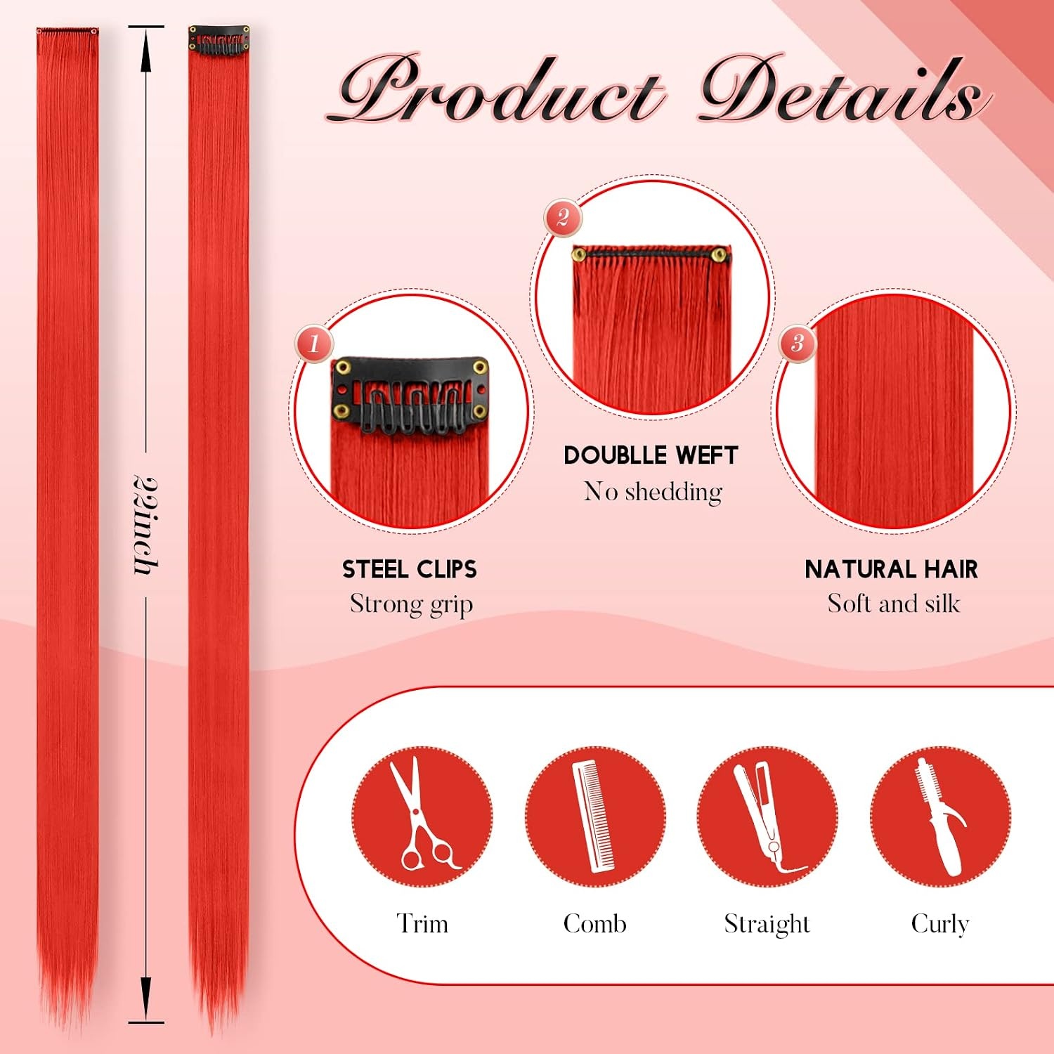 image:imageFESHFEN Leopard Printed Clip in Hair Extensions 6PCS Red Long Synthetic Straight Clip in Hair Extensions Stripe Printed Hairpiece Colorful Accessories for Women 18 InchRed 10 PCS