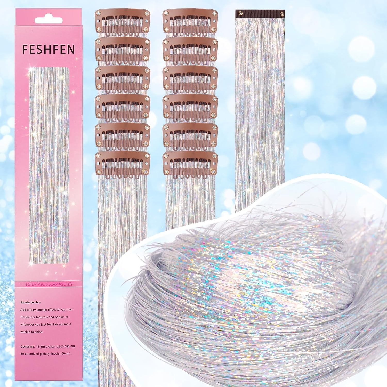 image:imageFESHFEN Leopard Printed Clip in Hair Extensions 6PCS Red Long Synthetic Straight Clip in Hair Extensions Stripe Printed Hairpiece Colorful Accessories for Women 18 InchSilver 12 PCS