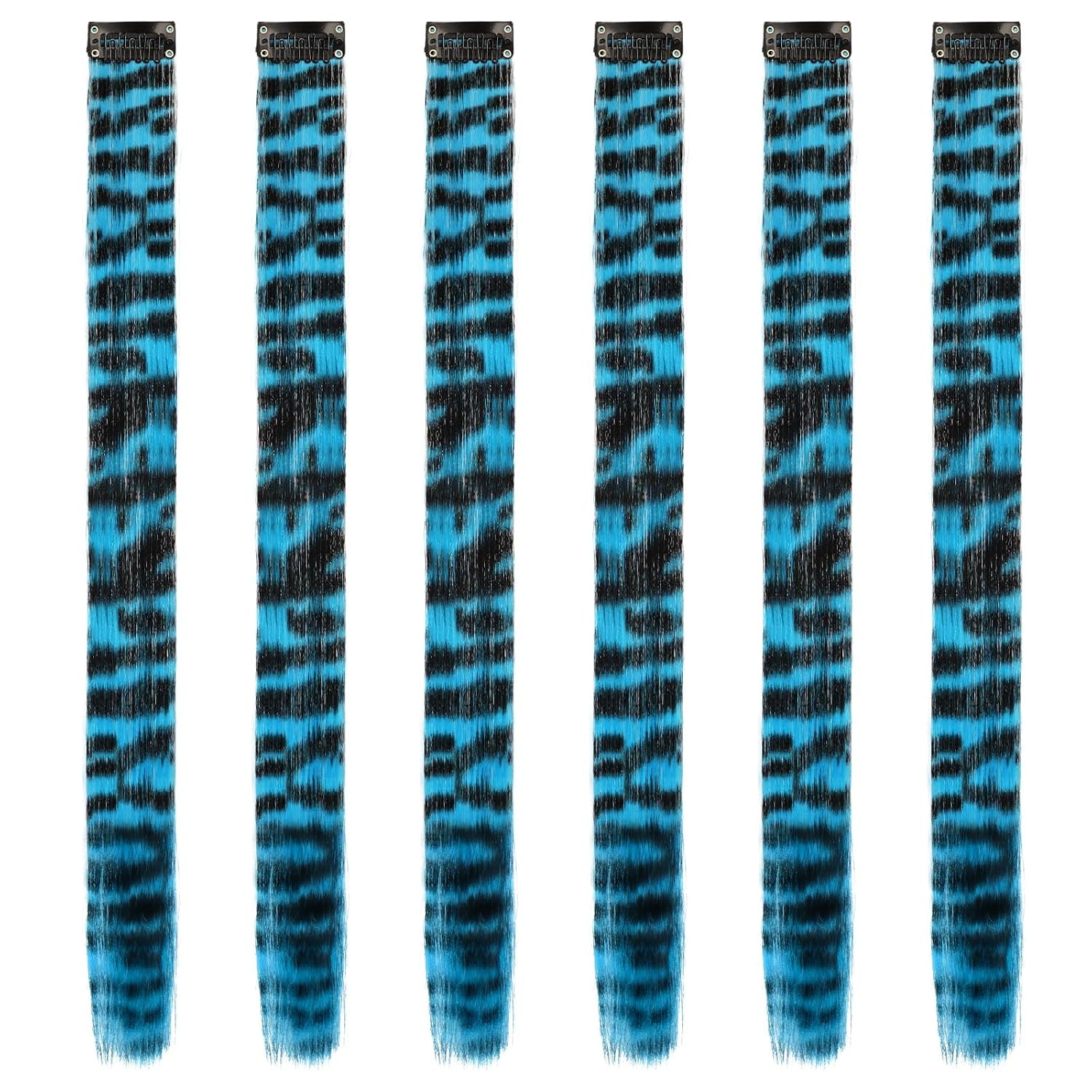 image:imageFESHFEN Leopard Printed Clip in Hair Extensions 6PCS Red Long Synthetic Straight Clip in Hair Extensions Stripe Printed Hairpiece Colorful Accessories for Women 18 InchBlue 6 PCS