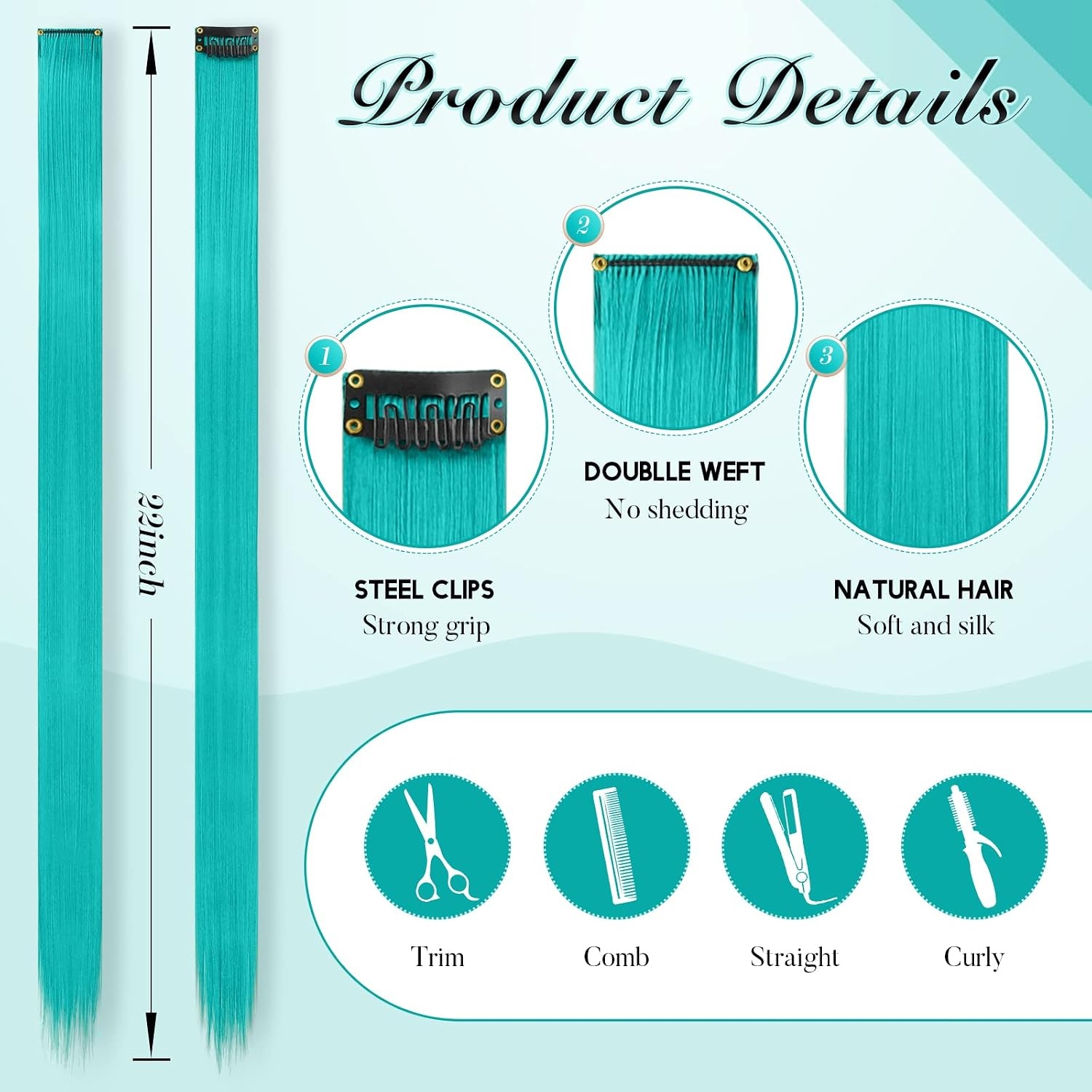 image:imageFESHFEN Leopard Printed Clip in Hair Extensions 6PCS Red Long Synthetic Straight Clip in Hair Extensions Stripe Printed Hairpiece Colorful Accessories for Women 18 InchTeal Blue 10 PCS
