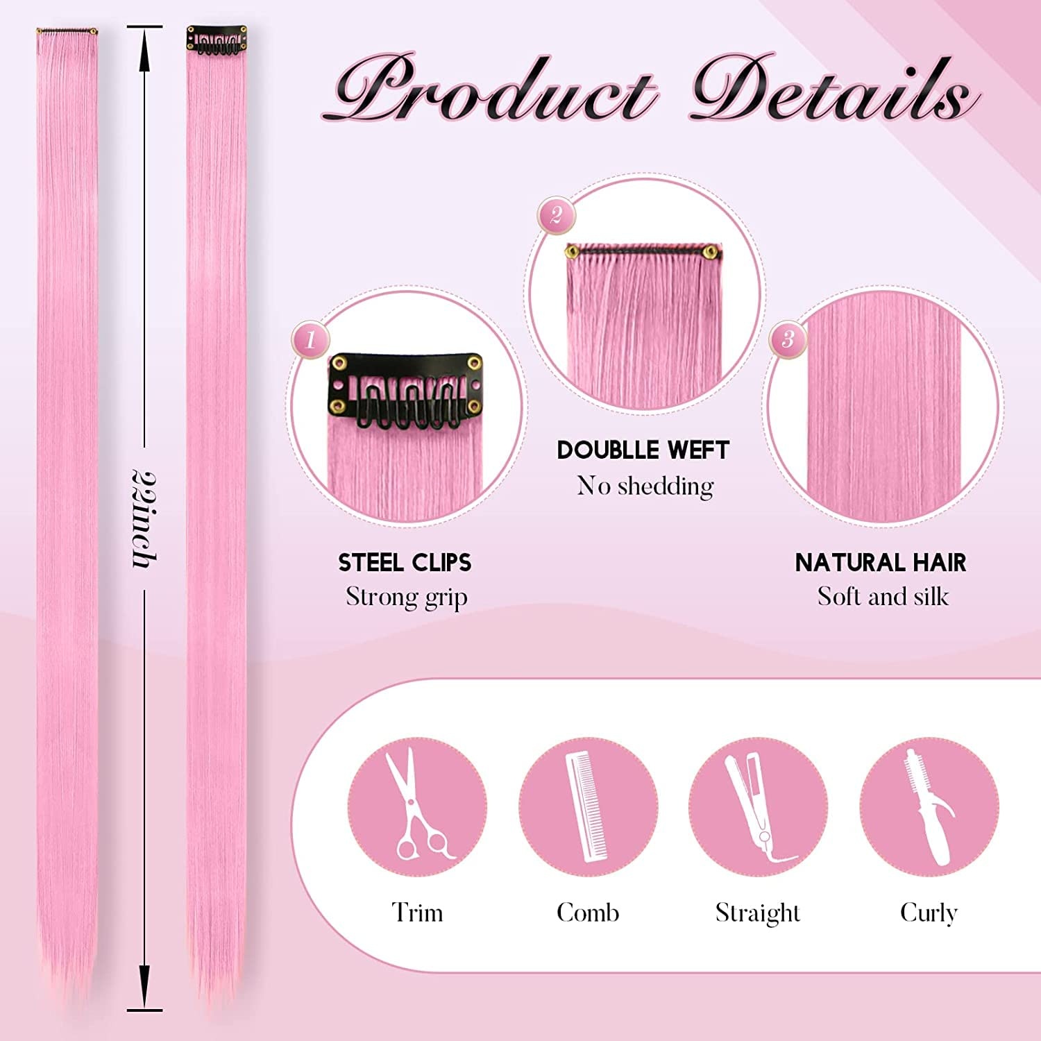 image:imageFESHFEN Leopard Printed Clip in Hair Extensions 6PCS Red Long Synthetic Straight Clip in Hair Extensions Stripe Printed Hairpiece Colorful Accessories for Women 18 InchLight Pink 10 PCS