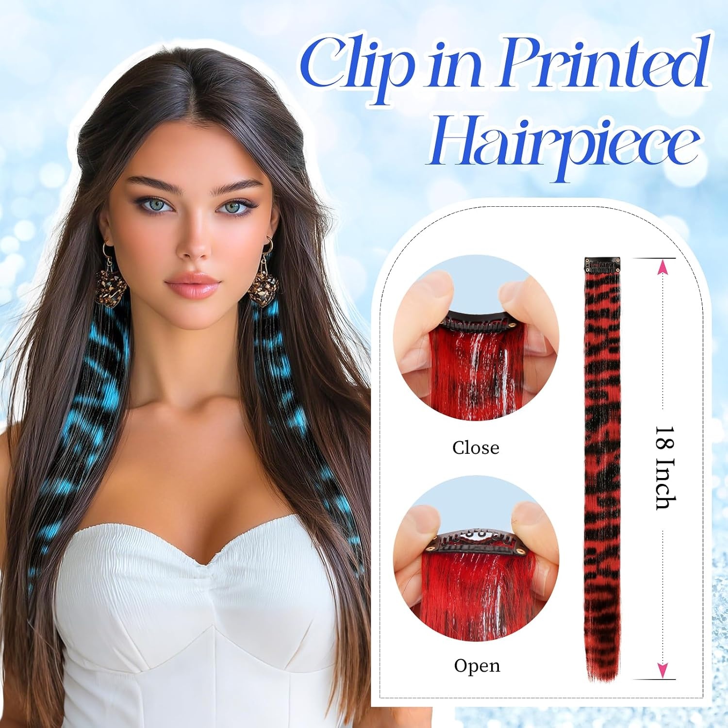 image:imageFESHFEN Leopard Printed Clip in Hair Extensions 6PCS Red Long Synthetic Straight Clip in Hair Extensions Stripe Printed Hairpiece Colorful Accessories for Women 18 InchRed 6 PCS