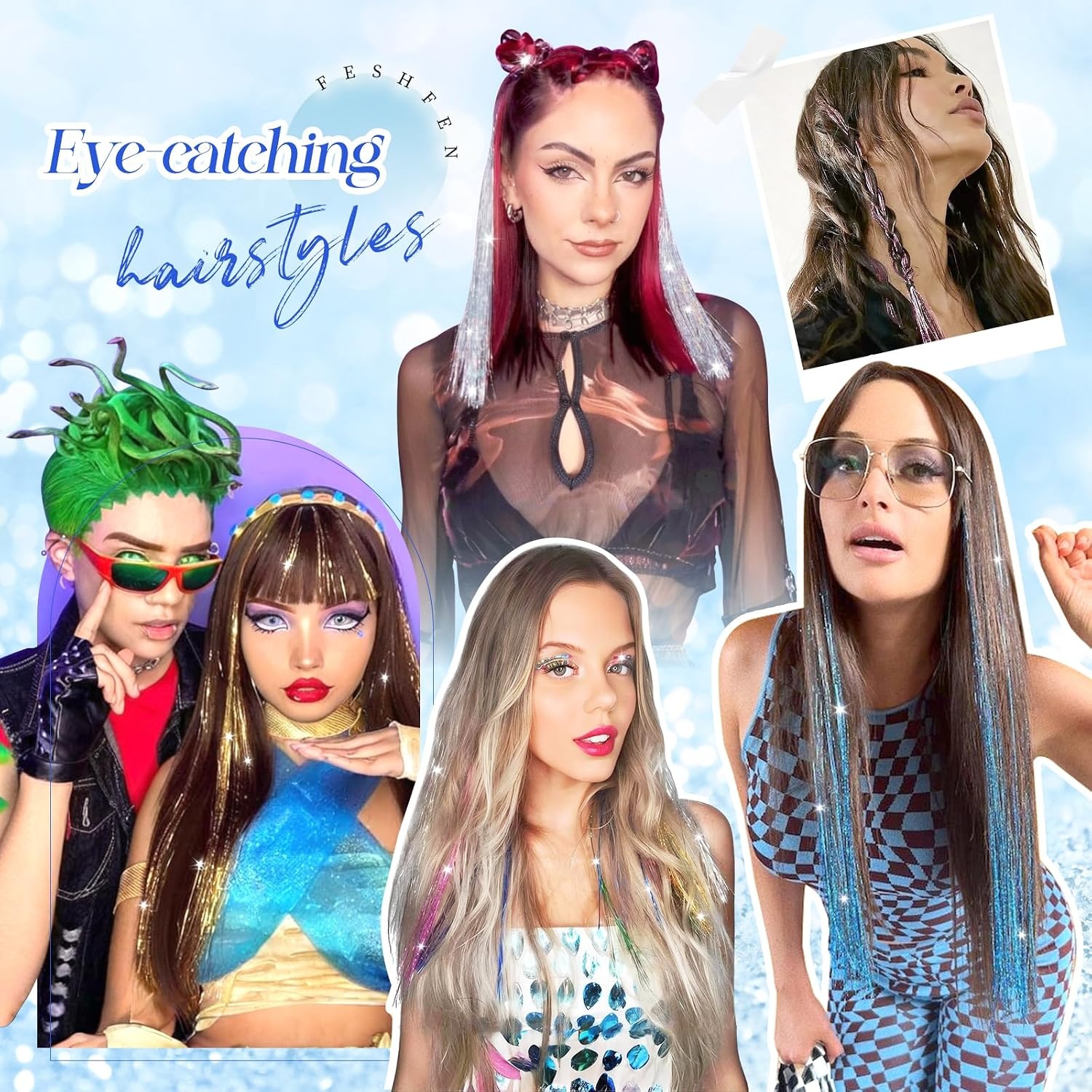 image:imageFESHFEN Leopard Printed Clip in Hair Extensions 6PCS Red Long Synthetic Straight Clip in Hair Extensions Stripe Printed Hairpiece Colorful Accessories for Women 18 InchLilac Purple 12 PCS