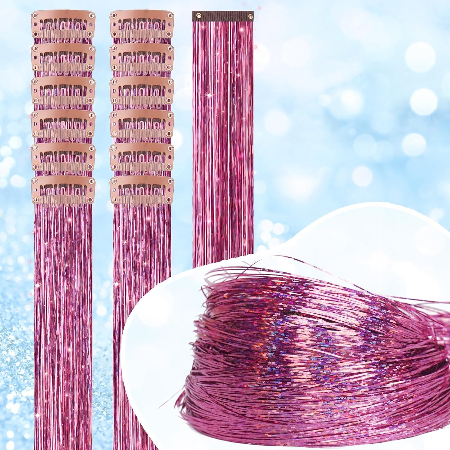 image:imageFESHFEN Leopard Printed Clip in Hair Extensions 6PCS Red Long Synthetic Straight Clip in Hair Extensions Stripe Printed Hairpiece Colorful Accessories for Women 18 InchPink 12 PCS