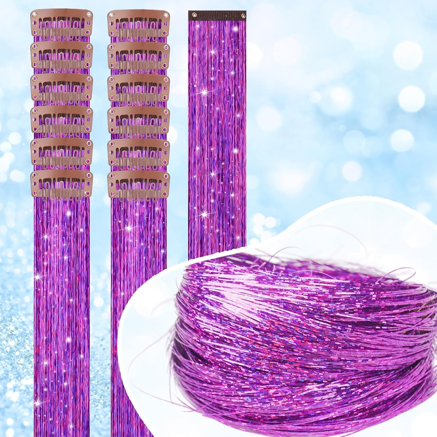 image:imageFESHFEN Leopard Printed Clip in Hair Extensions 6PCS Red Long Synthetic Straight Clip in Hair Extensions Stripe Printed Hairpiece Colorful Accessories for Women 18 InchLilac Purple 12 PCS