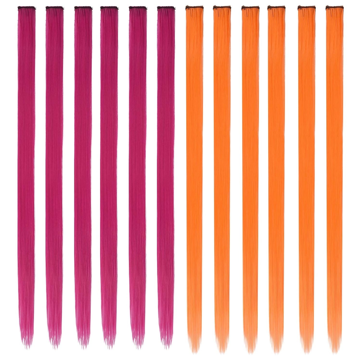 image:imageFESHFEN Leopard Printed Clip in Hair Extensions 6PCS Red Long Synthetic Straight Clip in Hair Extensions Stripe Printed Hairpiece Colorful Accessories for Women 18 InchRose Pink Orange 12 PCS