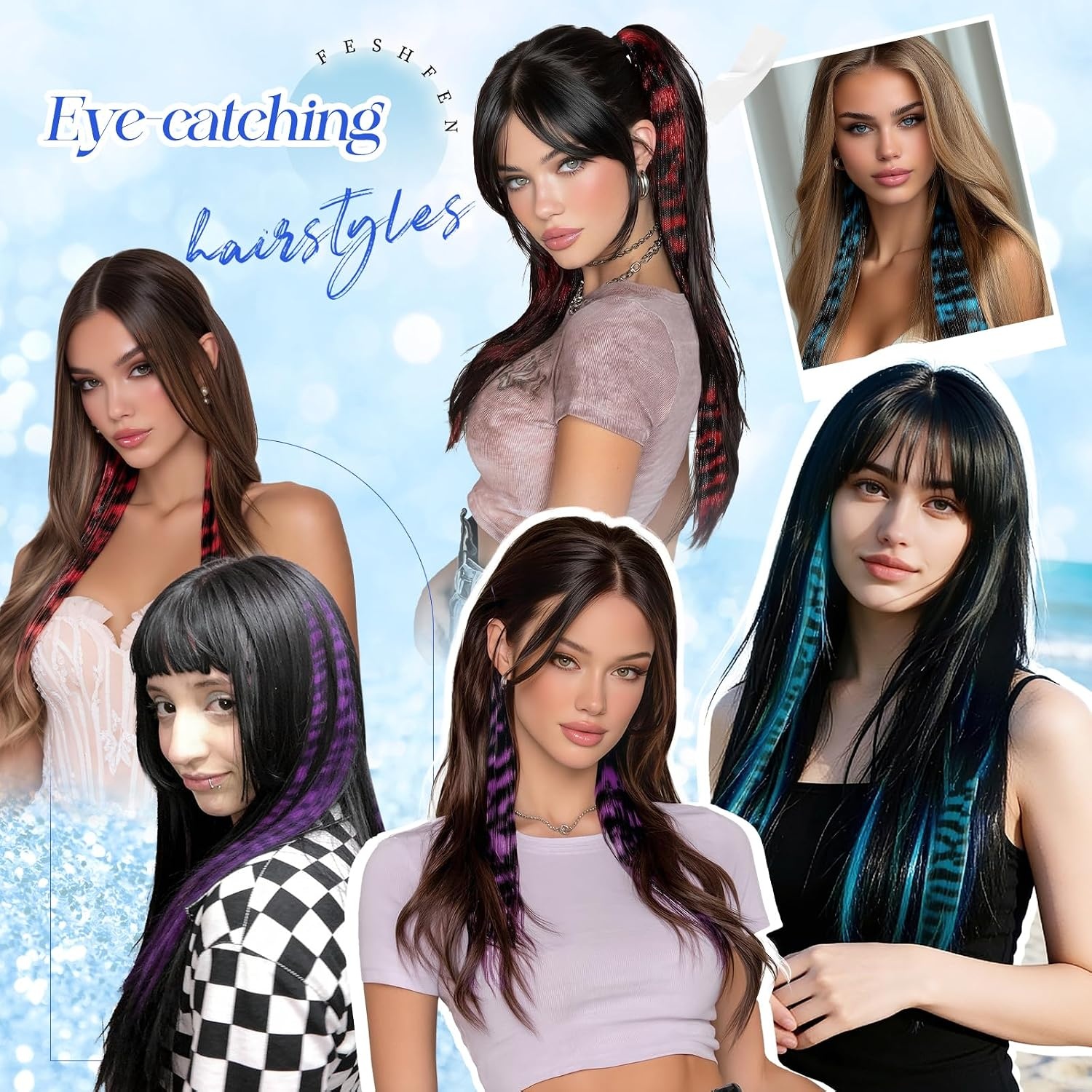 image:imageFESHFEN Leopard Printed Clip in Hair Extensions 6PCS Red Long Synthetic Straight Clip in Hair Extensions Stripe Printed Hairpiece Colorful Accessories for Women 18 InchRed 6 PCS