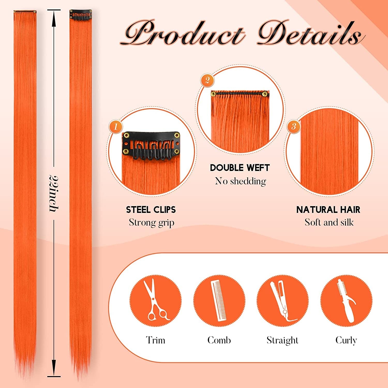 image:imageFESHFEN Leopard Printed Clip in Hair Extensions 6PCS Red Long Synthetic Straight Clip in Hair Extensions Stripe Printed Hairpiece Colorful Accessories for Women 18 Inch10 PCS Orange