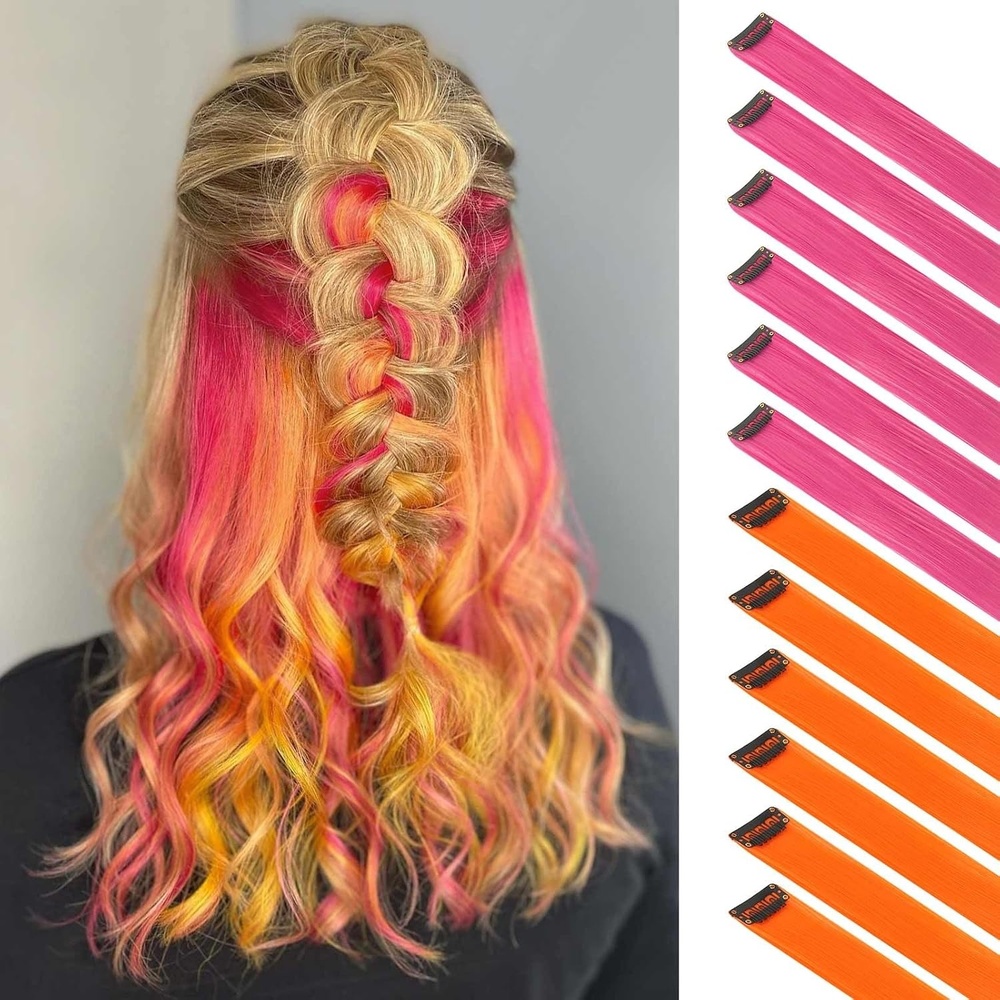 image:imageFESHFEN Leopard Printed Clip in Hair Extensions 6PCS Red Long Synthetic Straight Clip in Hair Extensions Stripe Printed Hairpiece Colorful Accessories for Women 18 InchRose Pink Orange 12 PCS
