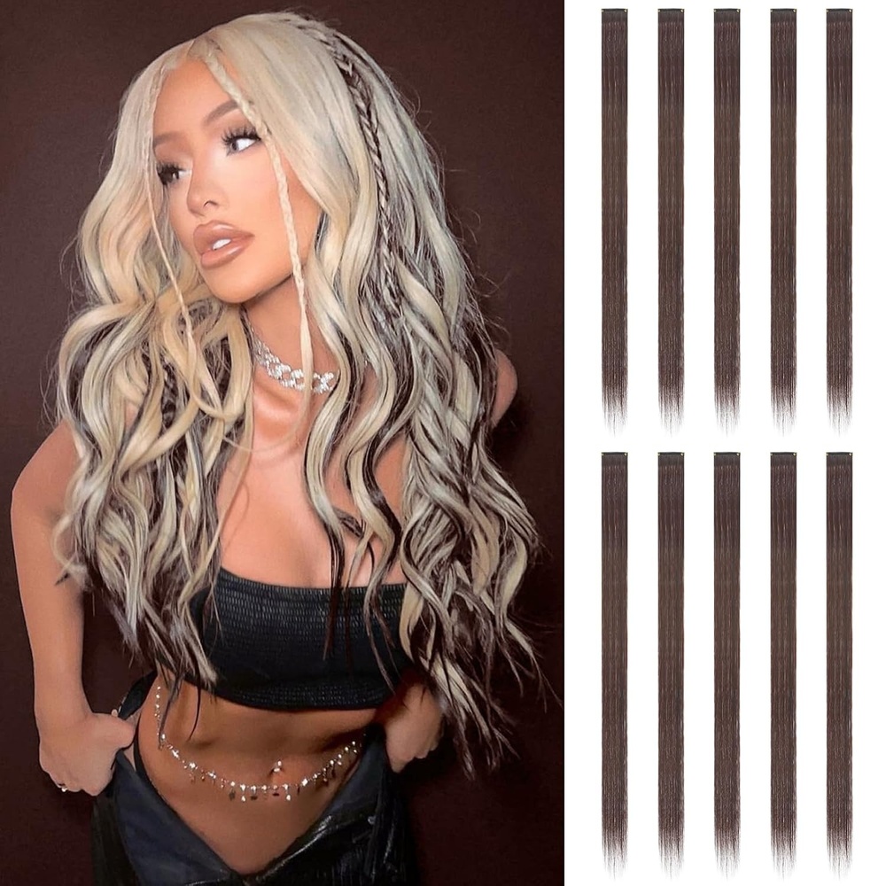 image:imageFESHFEN Leopard Printed Clip in Hair Extensions 6PCS Red Long Synthetic Straight Clip in Hair Extensions Stripe Printed Hairpiece Colorful Accessories for Women 18 InchBrown 10 PCS