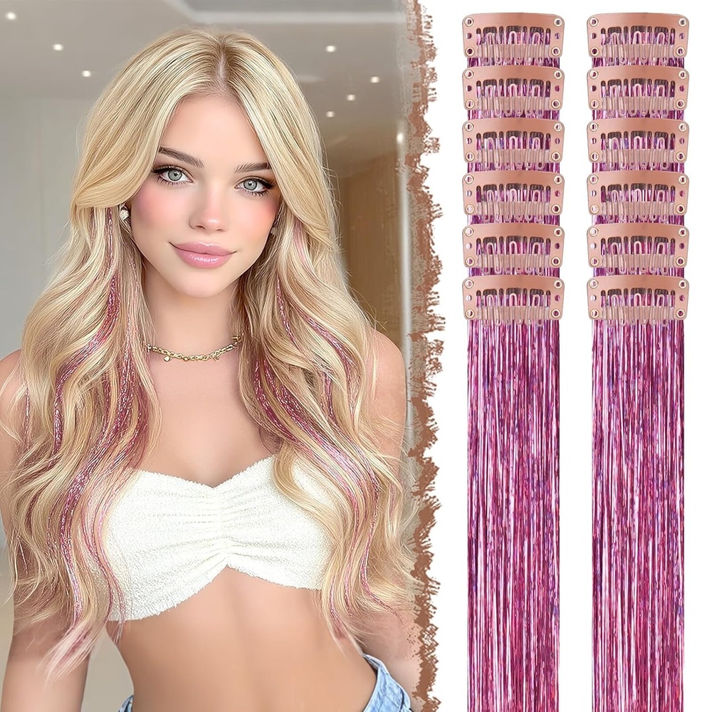 image:imageFESHFEN Leopard Printed Clip in Hair Extensions  6PCS Red Long Synthetic Straight Clip in Hair Extensions Stripe Printed Hairpiece Colorful Accessories for Women 18 InchPink 12 PCS