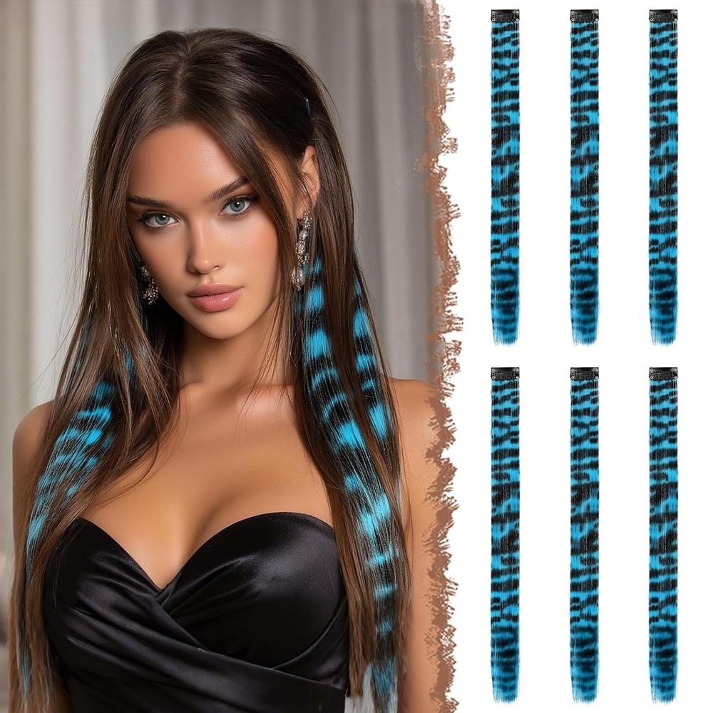image:imageFESHFEN Leopard Printed Clip in Hair Extensions 6PCS Red Long Synthetic Straight Clip in Hair Extensions Stripe Printed Hairpiece Colorful Accessories for Women 18 InchBlue 6 PCS