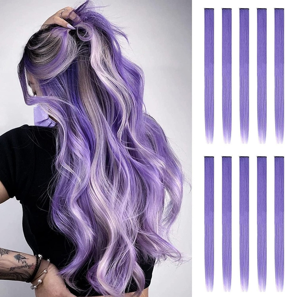 image:imageFESHFEN Leopard Printed Clip in Hair Extensions 6PCS Red Long Synthetic Straight Clip in Hair Extensions Stripe Printed Hairpiece Colorful Accessories for Women 18 InchLight Purple 10 PCS