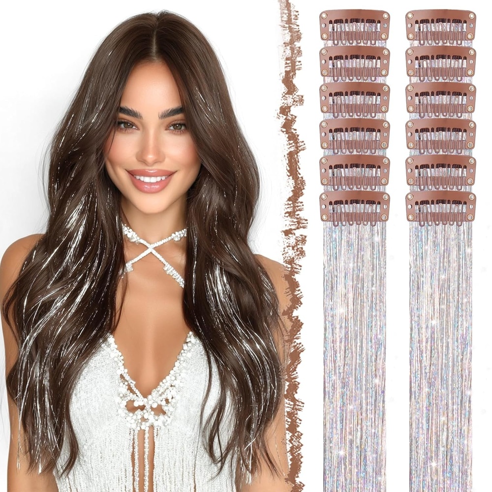 image:imageFESHFEN Leopard Printed Clip in Hair Extensions 6PCS Red Long Synthetic Straight Clip in Hair Extensions Stripe Printed Hairpiece Colorful Accessories for Women 18 InchSilver 12 PCS