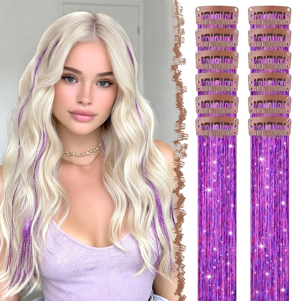 image:imageFESHFEN Leopard Printed Clip in Hair Extensions  6PCS Red Long Synthetic Straight Clip in Hair Extensions Stripe Printed Hairpiece Colorful Accessories for Women 18 InchLilac Purple 12 PCS